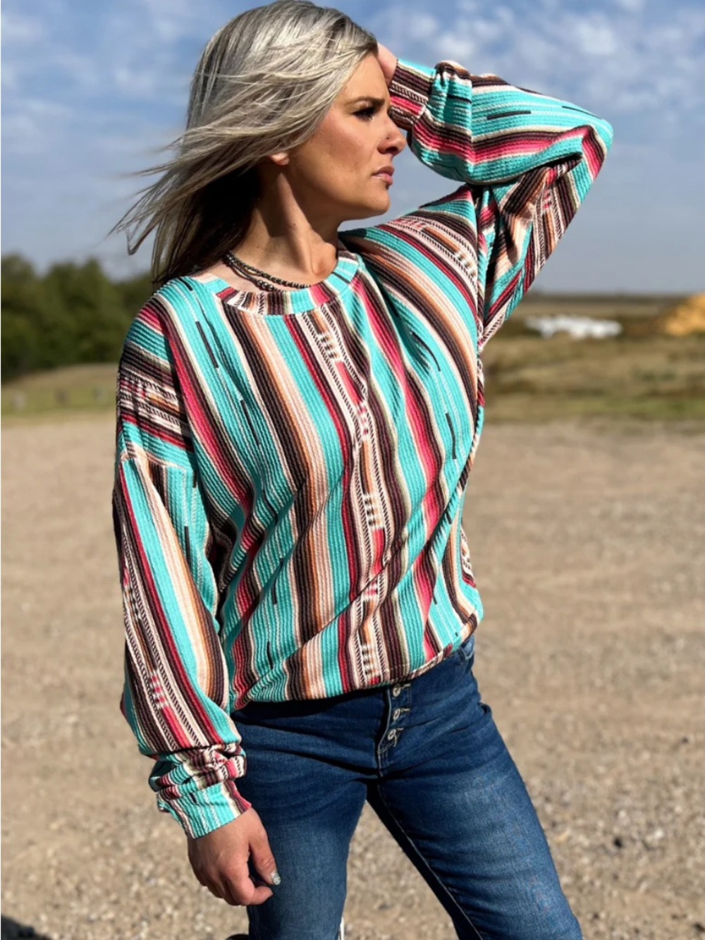 Striped Multicolor Crewneck Sweatshirt - Turquoise & Pink